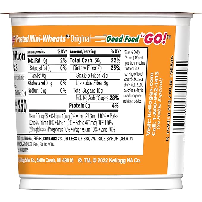 Kellogg's Frosted Mini-Wheats Breakfast Cereal Cups, High Fiber Cereal, Kids Snacks, Original, 30oz