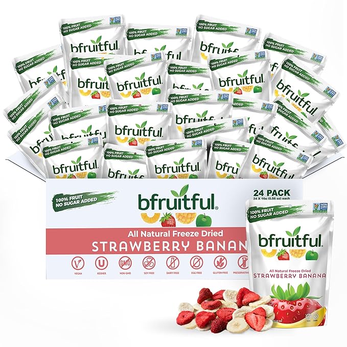 bfruitful Freeze-Dried Strawberry Banana, Freeze Dried Fresh Fruit Bites, Gluten Free, Vegan, Dairy