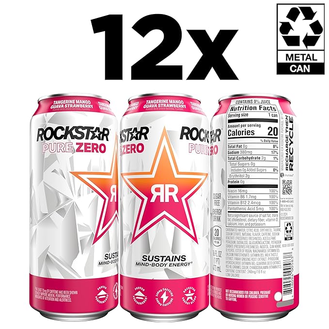 Rockstar Pure Zero Energy Drink, Tangerine Mango Guava Strawberryh, 0 Sugar, with Caffeine and