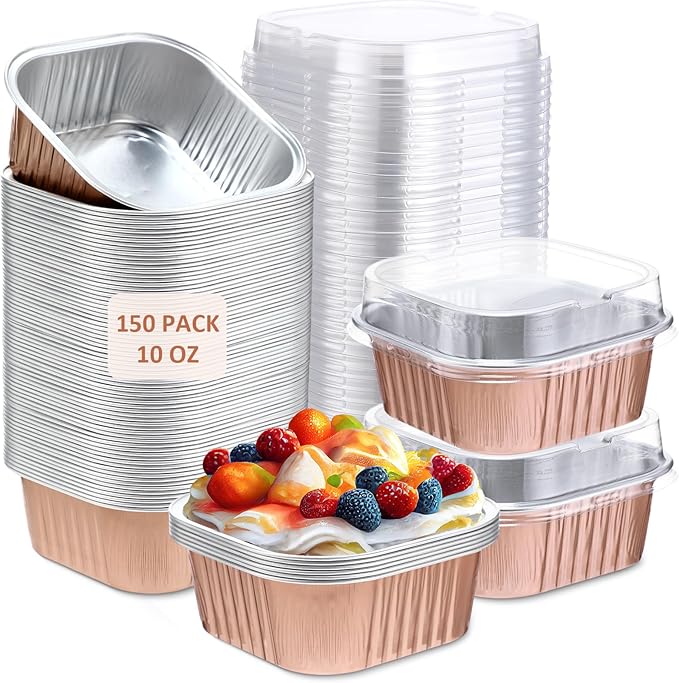 Aoriher 150 Pieces 10 oz Mini Cake Pans with Lids Aluminum Foil Baking Cups Square Disposable 4" x