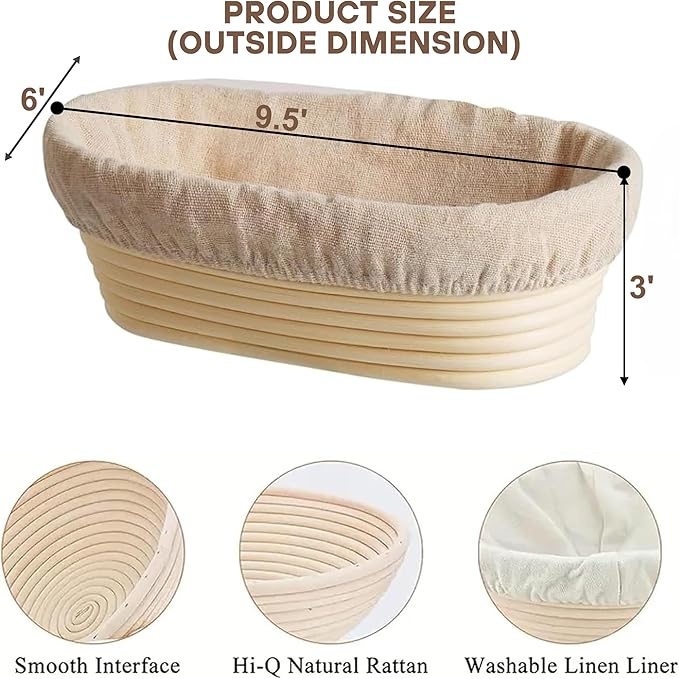 Banneton Bread Proofing Basket 2 pack 9.5 inch Oval Basket with Liner, Bread Proofing Basket