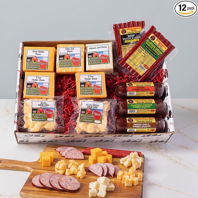Wisconsin Cheese Company - Deluxe Party Gift Box - 100% Wisconsin Cheese, Meat Stick, Sausage &