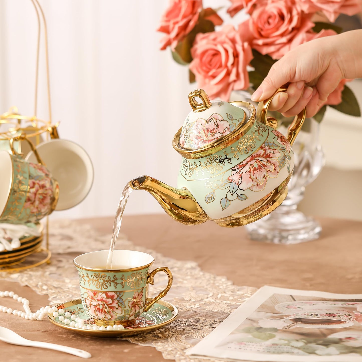 20 Pieces Porcelain Tea Set With Metal Holder, European Ceramic tea set for adults,Flower Tea