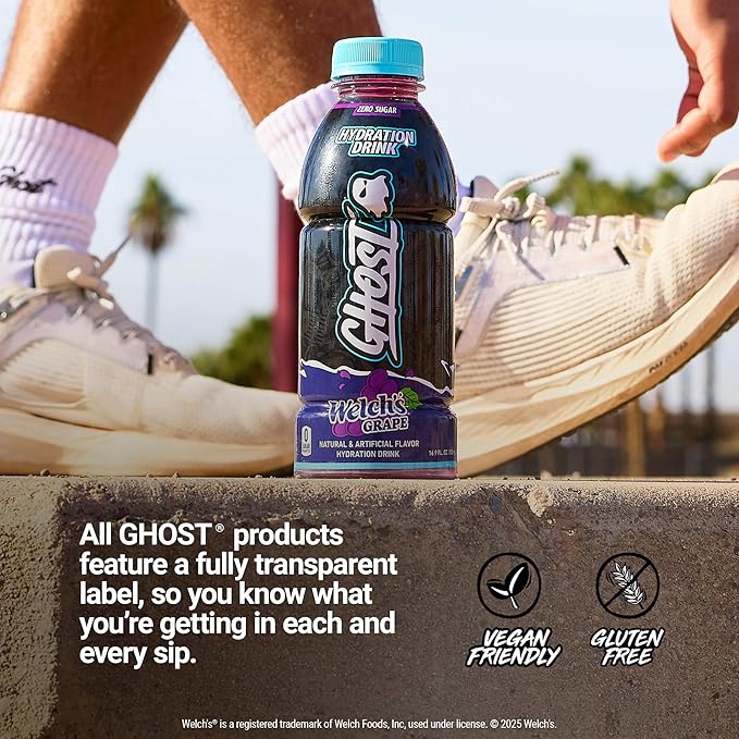 GHOST Hydration Drink, Welch’s Grape - RTD Sports Drink with Electrolytes, Natural Vitamins &