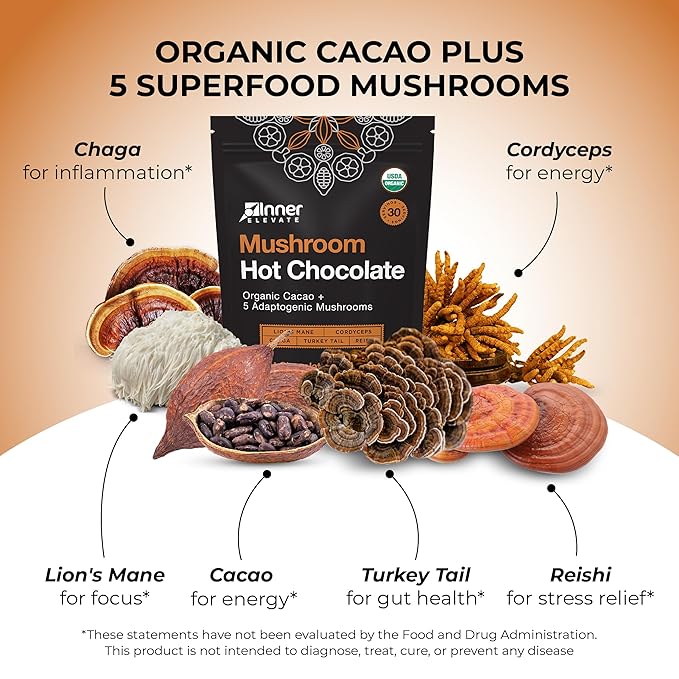 Inner Elevate Mushroom Hot Chocolate Superfood - Ceremonial Cacao with 5 Mushrooms (Lion's Mane