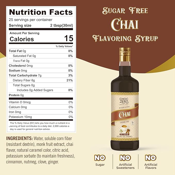 ChocZero Chai Flavoring Syrup, Sugar Free, Monk Fruit Sweetened, Prebiotic Fiber, Keto, Gluten