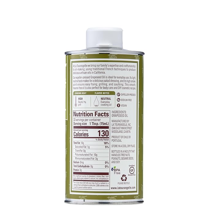 La Tourangelle, Expeller-Pressed Grapeseed Oil, High Heat Neutral Cooking Oil, Cast Iron Seasoning