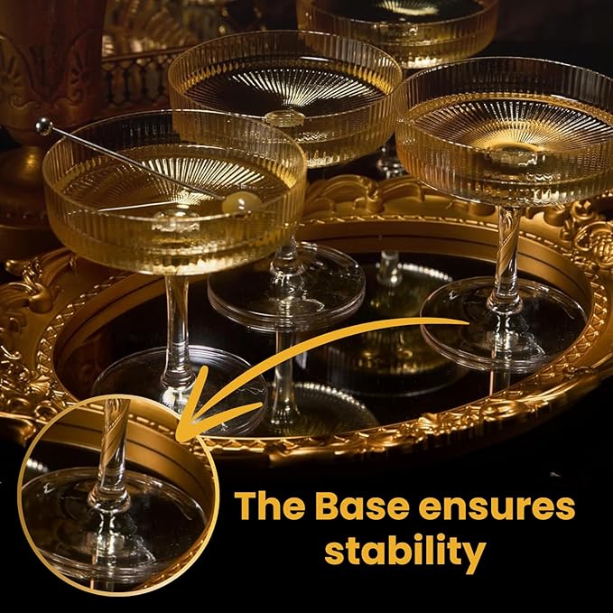 Khen Ribbed Vintage Art Deco Coupe Glasses - Martini, Champagne & Cocktail Ribbed Glasses 8oz |