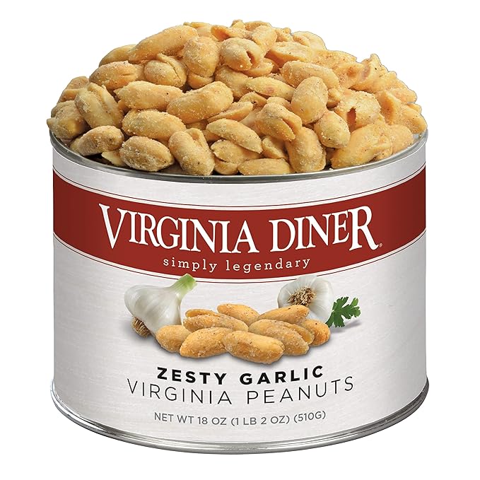 Virginia Diner - Zesty Garlic Seasoned Extra Large Virgnia Peanuts 18oz in Resealable Can for