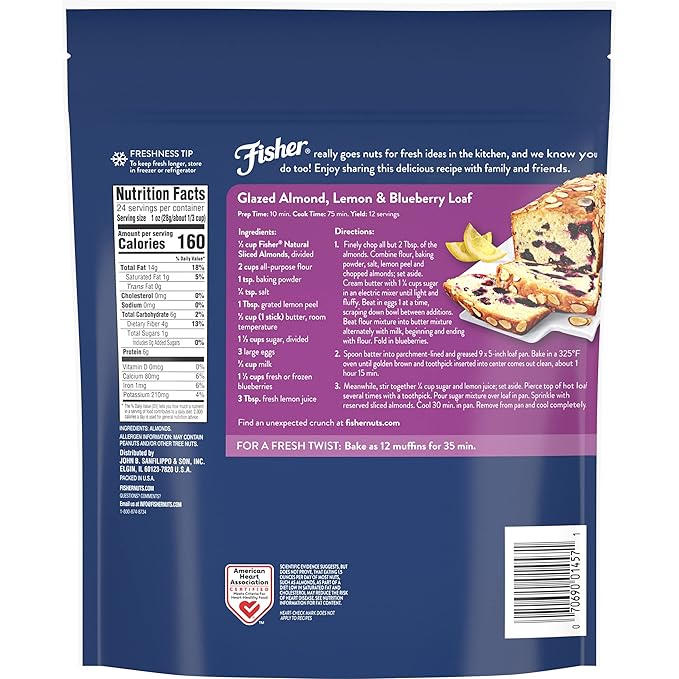 Fisher Chef's Naturals Unsalted Sliced Almonds 24oz Resealable Bag, Raw Nuts Perfect for Cooking