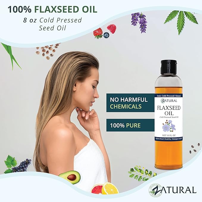 Zatural Flaxseed Oil Naturally Grown 100% Pure Flax Seeds Cold Pressed Vegan Omega Fatty Acids (8oz)