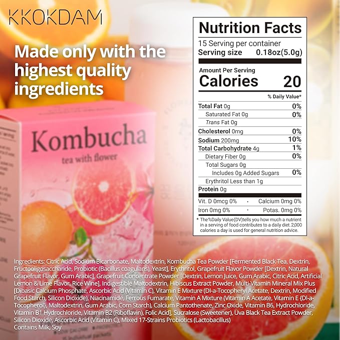 KKOKDAM Kombucha Tea - Grapefruit & Hibiscus Korean Tea - Kombucha Drinks Probiotic Support, Low