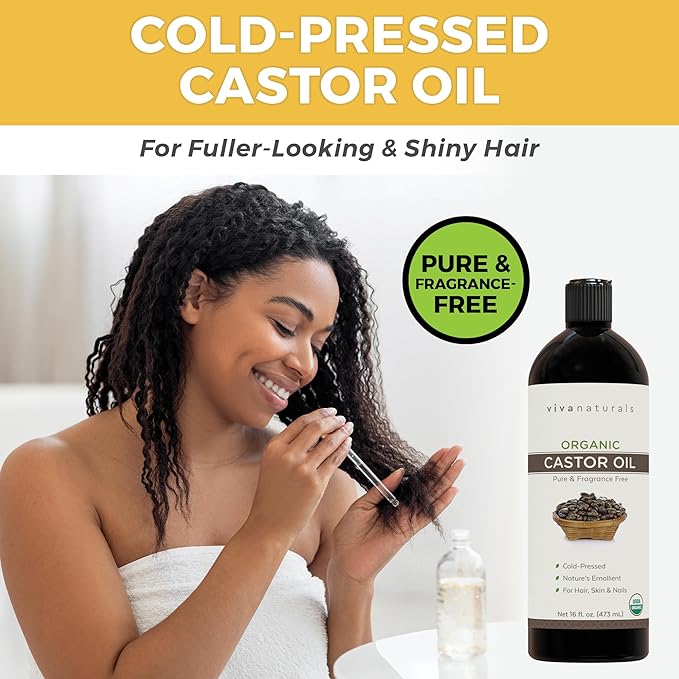 Viva Naturals Cold pressed Organic Castor Oil 16 fl oz - Castor Oil for Face, Eyelashes, Traditional Eyebrow Serum, Hair Oil - Certified Organic & Non-GMO