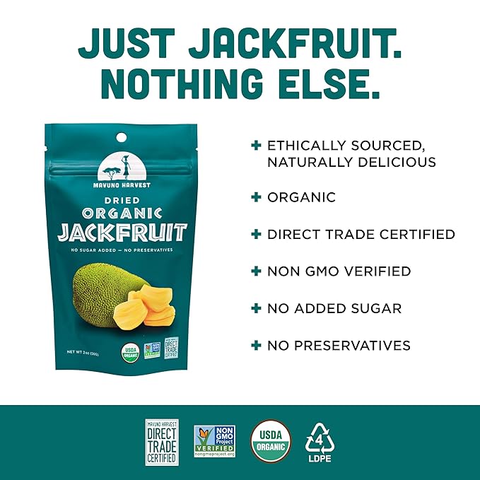 Mavuno Harvest Jackfruit Dried Fruit Snacks | Unsweetened Organic Dried Jackfruit Chips | Gluten