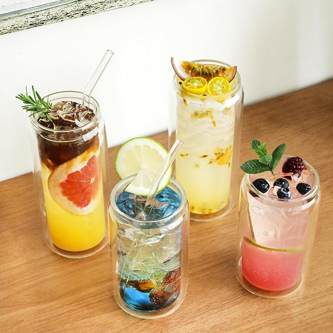 LIBWYS 16oz Double Wall Drinking Glass Cup with Bamboo Lid and Straw, 1 Pc Set ??Condensation