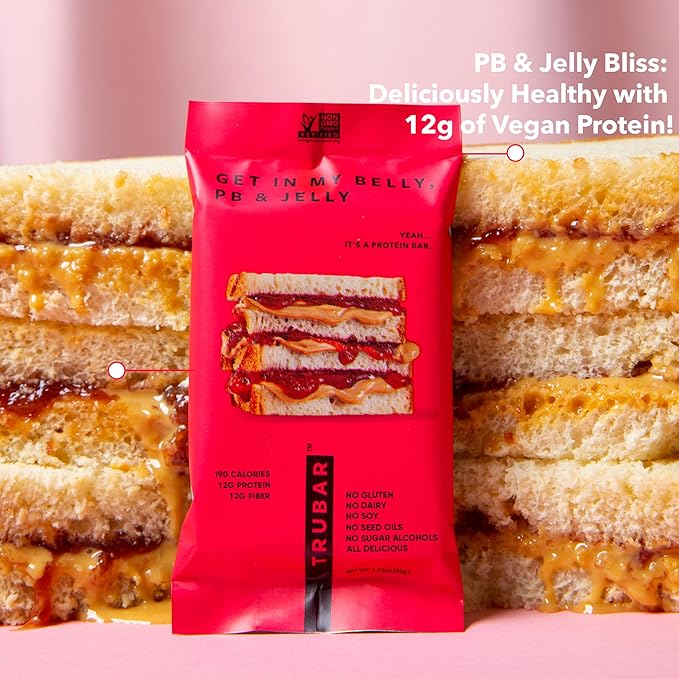 TRUBAR Vegan Protein Bar, Get In My Belly Pb & Jelly, Gluten Free, Plant Based, High Fiber, Dairy