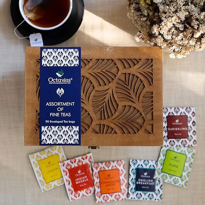 Octavius Tea Gift Set - Assorted Black & Green Tea Bags in Wooden Box | 6 Flavors, 90 Count |