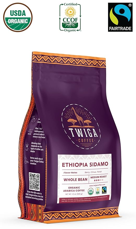 Twiga Coffee Premium Ethiopian Sidamo Whole Bean Coffee ??Organic Medium Roast Arabica with Berry