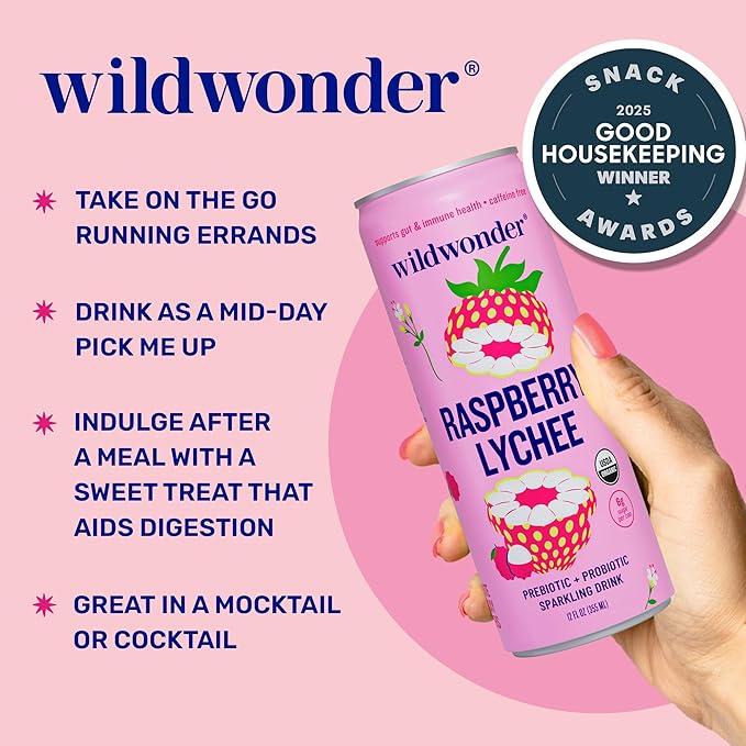NEW! wildwonder Sparkling Probiotic Drink 12pk, For Gut Health & Immune Support, Raspberry Lychee