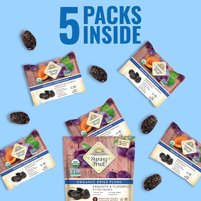 Sunny Fruit Soft Organic Prunes - 6 Bags (30 Individual Portion Packs) | No Preservatives, No Sugar