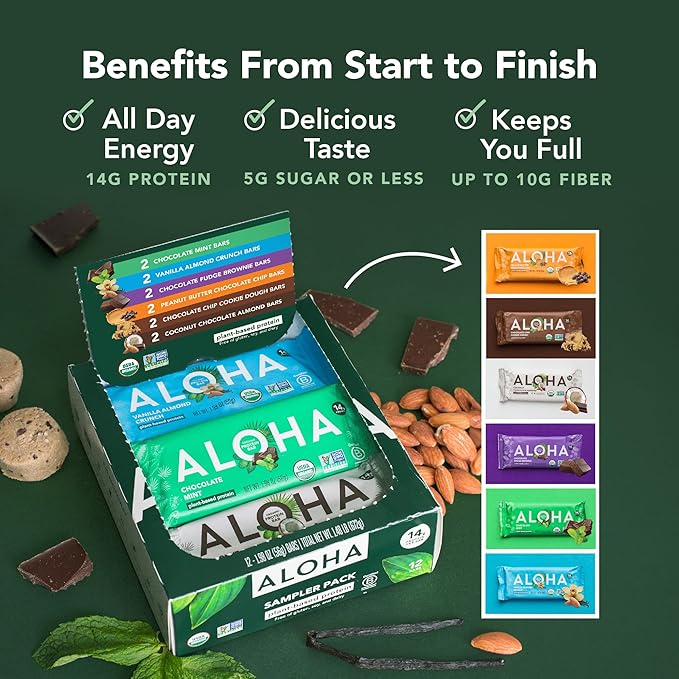 ALOHA Organic Plant Based Protein Bars - 6 Flavor Variety Pack - 12 Count, 1.9oz Bars - Vegan