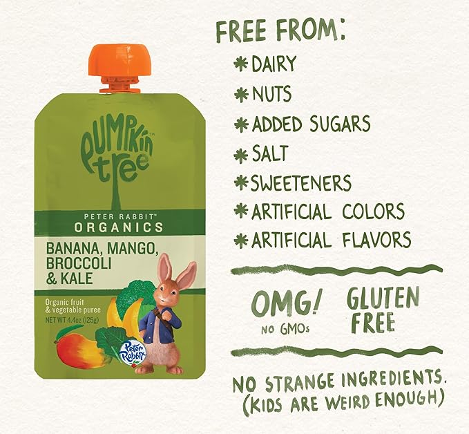 Pumpkin Tree Peter Rabbit Organics, Banana, Mango, and Kale, 4 Squeeze Pouch, Mango, Broccoli &