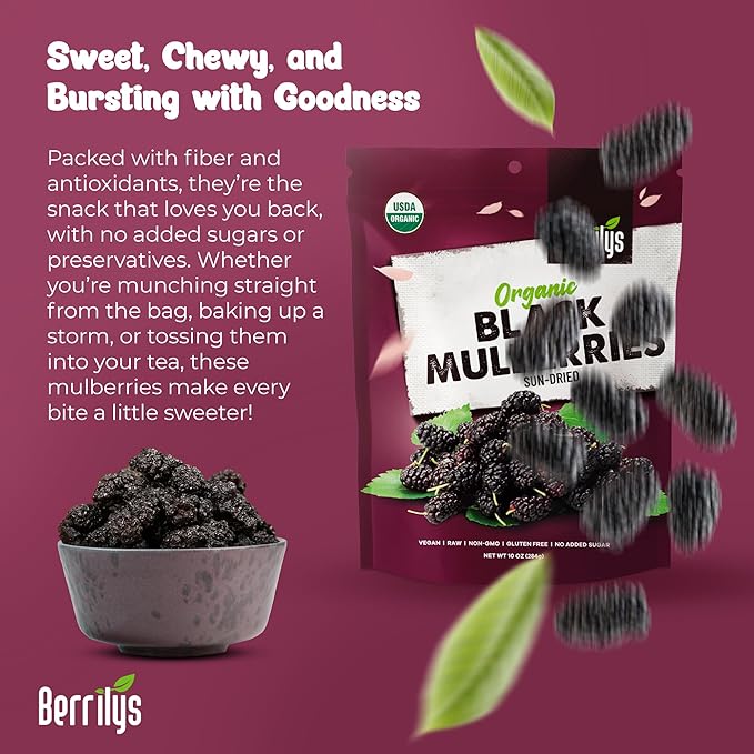 Berrilys Organic Dried Mulberries, Black, Dried Mulberry, Non-GMO, Unsulfured, Raw, 10 oz, Healthy