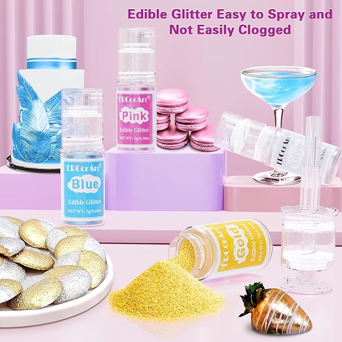 Edible Glitter Spray - 4 Color Edible Glitter for Drinks, Food Grade Edible Luster Dust, Cake