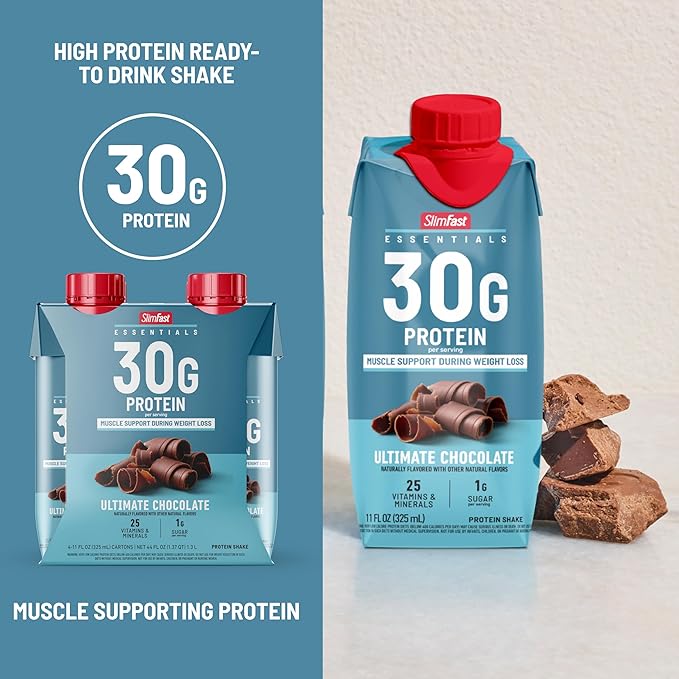 SlimFast Essentials 30g Protein Shake Chocolate, Protein Shakes Ready to Drink, Muscle Support, 1g