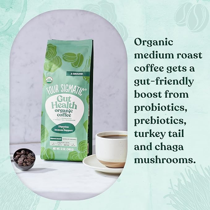 Four Sigmatic Gut Health Organic Ground Coffee | Medium Roast, Immune Boosting Probiotic Mushroom