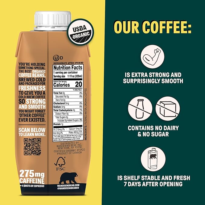 Wandering Bear Straight Black Organic Cold Brew Coffee On-the-Go, 11 fl oz, 12 pack - Extra Strong
