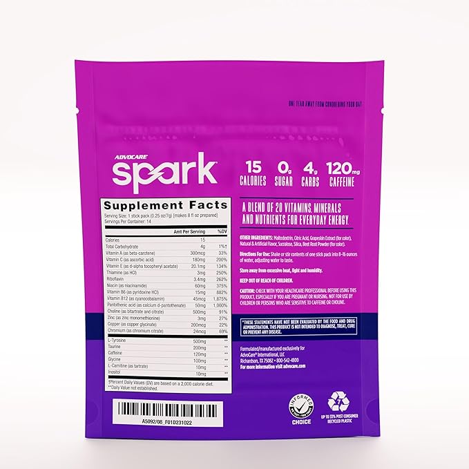 AdvoCare Spark Vitamin & Amino Acid Supplement - Focus & Energy Drink Powder Mix with Vitamin A