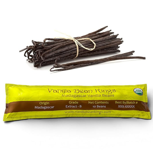10 Organic Madagascar Vanilla Beans - Whole Extract Grade B Pods for Baking, Homemade Extract
