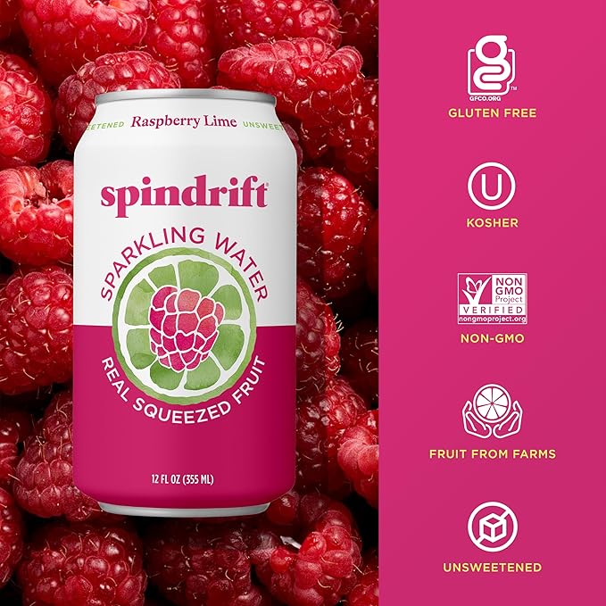 Spindrift Sparkling Water, Raspberry Lime Flavored, Made with Real Squeezed Fruit, Only 9 Calories