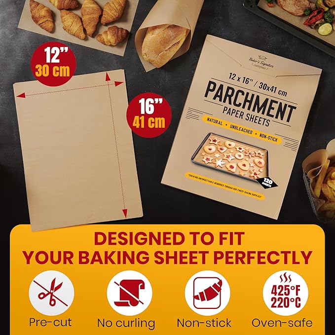 Parchment Paper Sheets for Baking, 12x16 In 120 Pcs by Baker's Signature | Precut Non-Stick &
