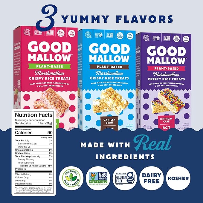 GoodMallow Vegan Rice Crispy Treats Individually Wrapped Box of 8, Kosher Vegan Snacks, Gluten Free