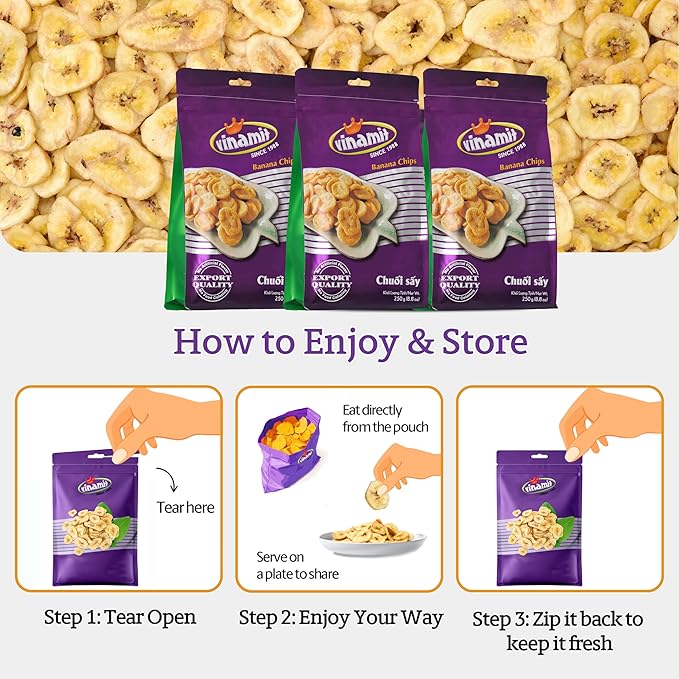 Vinamit Dried Banana Chips | Unsweetened Banana Chips | 8.8 oz Bag | Naturally Sweet, Non-GMO