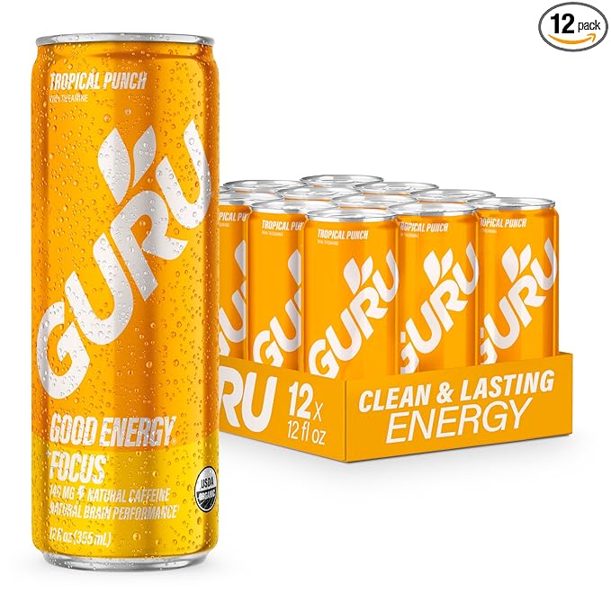 GURU Tropical Punch Organic Energy Drinks, Clean Energy Drink with Plant Based Natural Caffeine