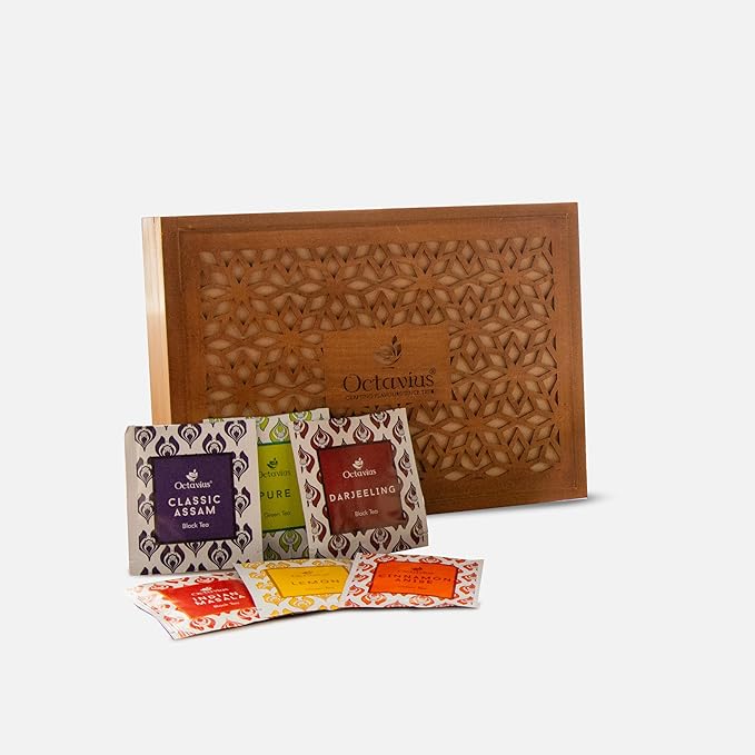 Octavius Floral Cutwork Wooden Tea Sampler Box | Tea Variety Pack Sampler | Green & Black Tea