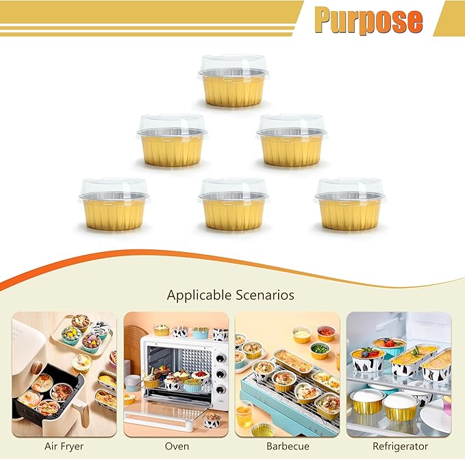 Aluminum Cups with Lids, 4.2oz 50Pcs Gold Disposable Cake Pans with Lids, Creme Brulee Cups, Mini