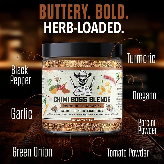 Chimi Boss Blends Cowboy Butter Seasoning, 7oz ??Garlic Herb Butter Dry Rub for Grilling, Smoking &