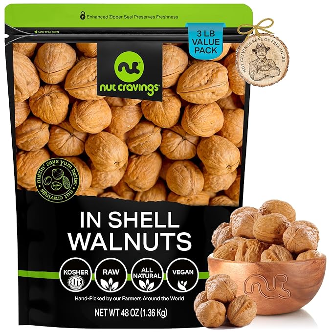 NUT CRAVINGS - Raw Walnuts In Shell, Whole, (48oz - 3 LB) Packed Fresh in Resealable Bag - Nut