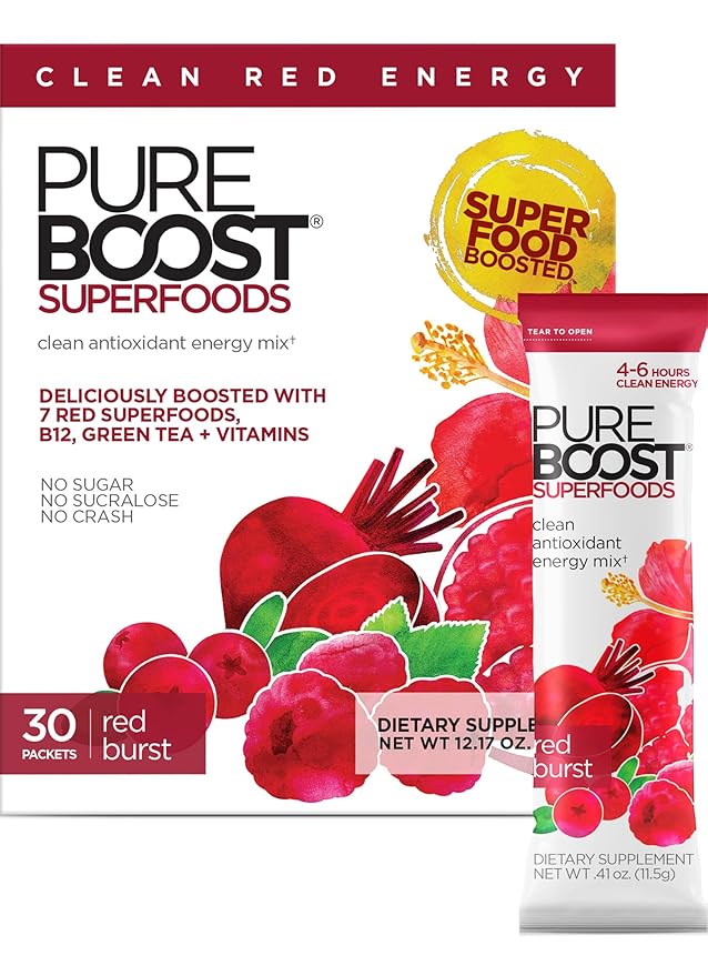 Pureboost Superfoods Clean Energy Booster, Refreshing Energy Drink Mix with 7 Organic Red