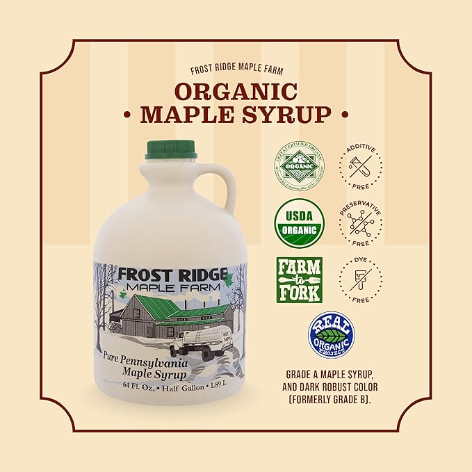 Frost Ridge Maple Farm, Organic Maple Syrup, Grade A, Half Gallon (64 FL Oz), Dark Robust (formerly