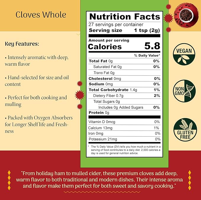 Shubhaavya Premium Whole Fresh Cloves 1.9oz (55g) - NON-GMO | All Natural | Gluten Free |