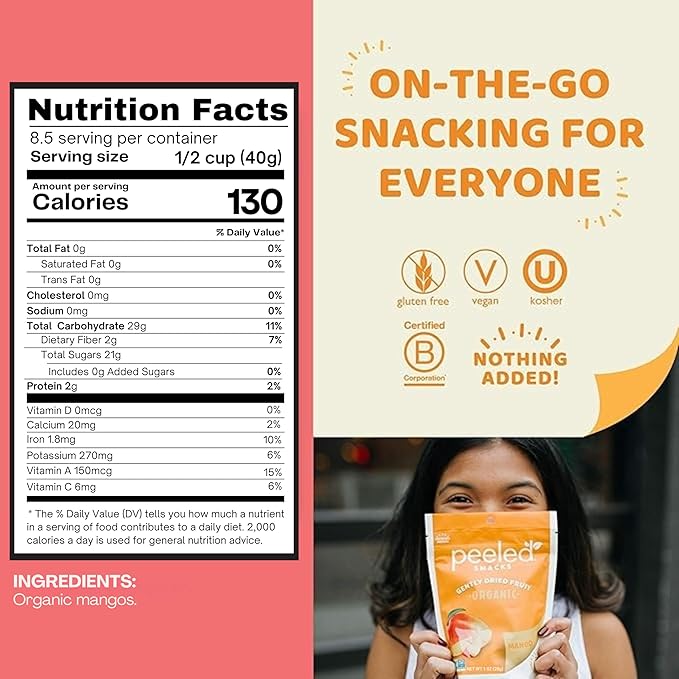 Peeled Snacks Organic Dried Fruit ??Healthy, Vegan Snacks for On-the-Go Lunch and More Mango, 12 Oz