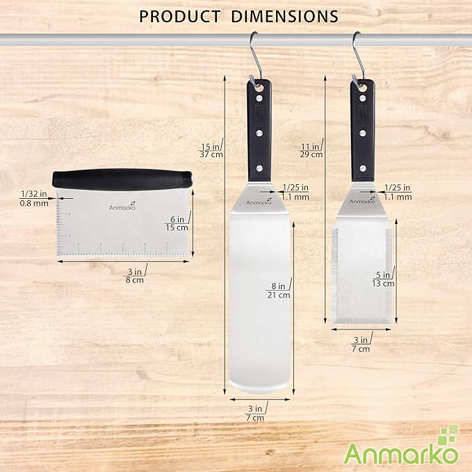Anmarko Metal Spatula Stainless Steel Scraper - Professional Chef Griddle Spatulas Set of 3 - Heavy