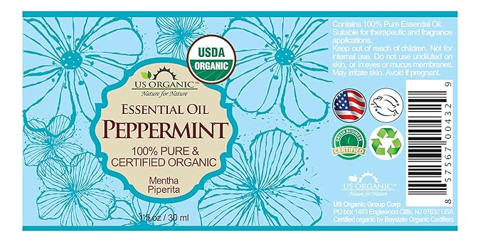 US Organic 100% Pure Peppermint Essential Oil - USDA Certified Organic - 30 ml - w/Improved caps