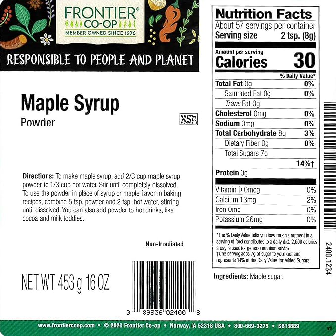 Frontier Co-op Maple Syrup Powder, 1lb Bulk Bag, Pure Maple Sugar, Natural Sweetener, Maple Powder