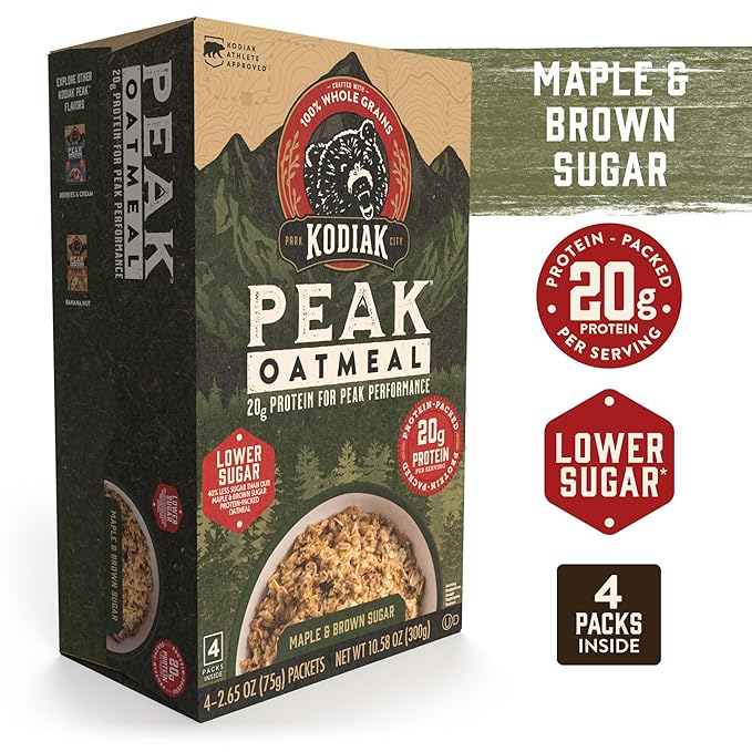 Kodiak Cakes Peak Instant Oatmeal Packets, Maple Brown Sugar, High Protein,100% Whole Grains, 6 box